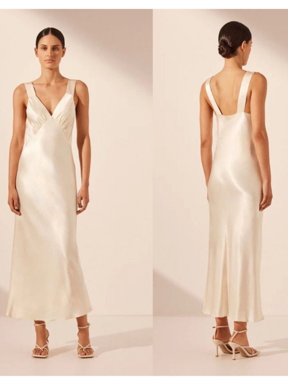 Shona Joy Cream Satin Bias Slip Midi Dress